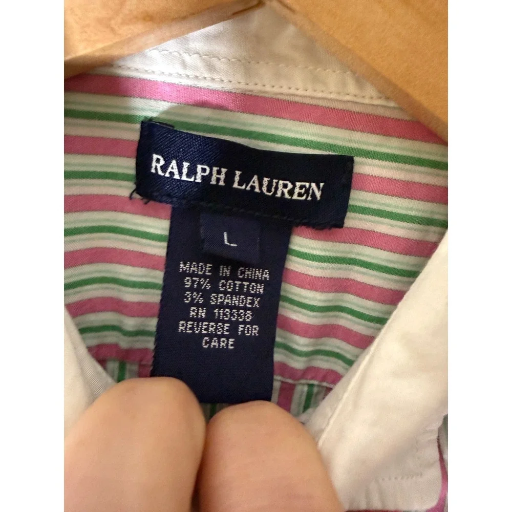 Ralph Lauren pink green stripe collar long sleeve button down girls L